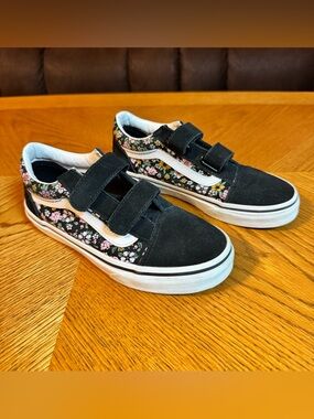 Vans Kids Old Skool Black Floral Velcro Sneakers with Pink & Yellow Accents